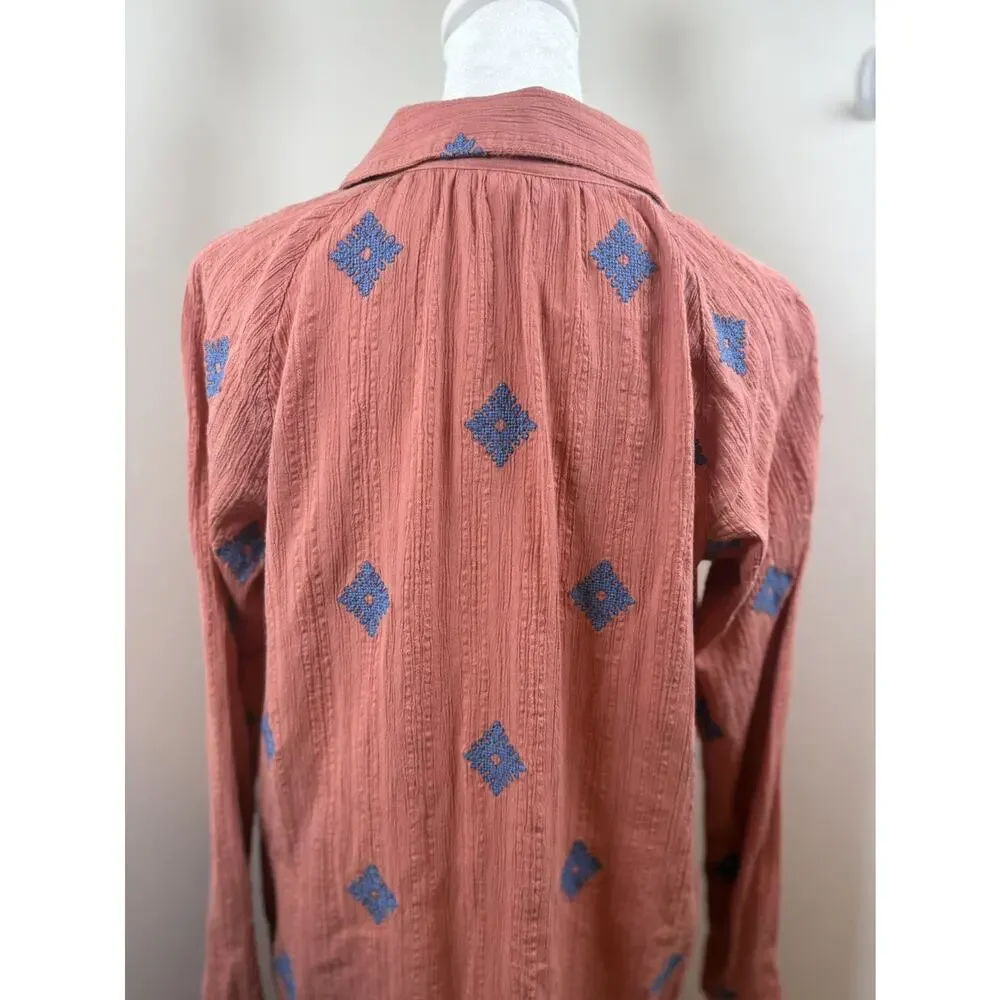J. Jill Pure Jill Embroidered Shirtdress CoralBlue Small Cotton Boho Cottagecore